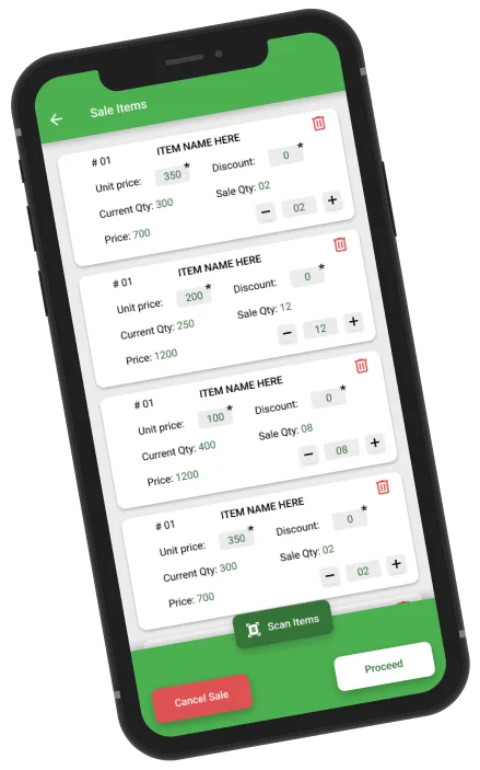 ManageKaro mobile app sale items screen listing products with quantity, discount and price